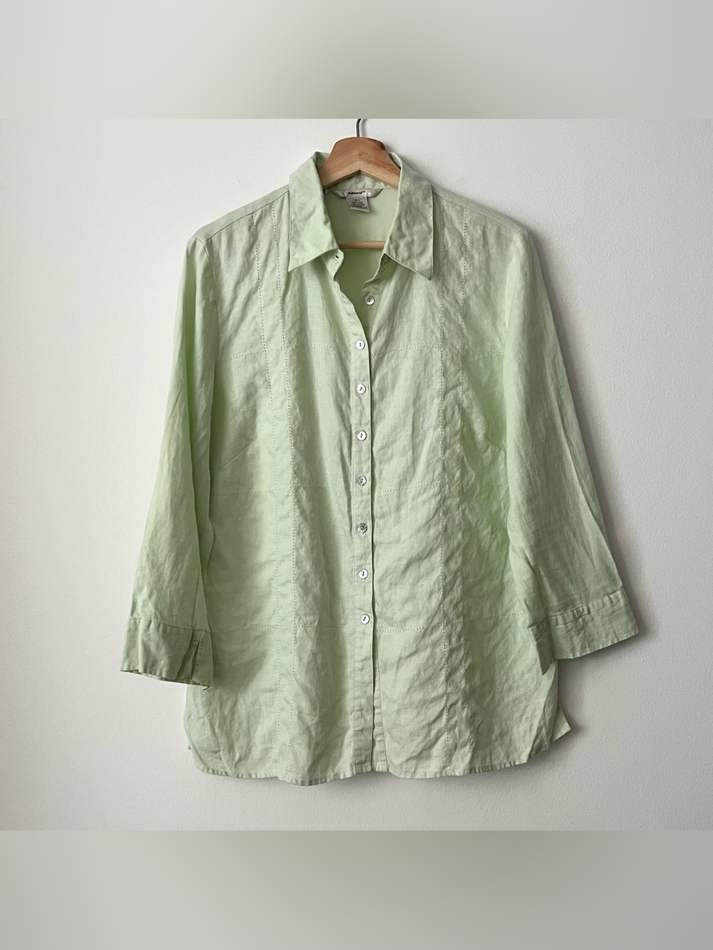 Edward Women's 100% Irish Linen Blouse Embroidered Shirt Size L Green 3/4 Sleeve